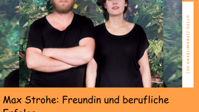 Zwei Personen stehen vor einem Hintergrund mit Pflanzenmuster. Ihre Gesichter sind verpixelt. Ein Suchfeld zeigt den Text "Max Strohe: Freundin und berufliche Erfolge" und die URL "promitrend.de".