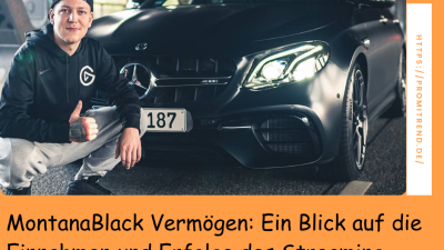 Eine Person in einem schwarzen Hoodie und grauer Jogginghose sitzt vor einem schwarzen Mercedes-Benz mit dem Kennzeichen "187". Der Hintergrund zeigt eine Brücke mit Graffiti. Text auf dem Bild: "MontanaBlack Vermögen: Ein Blick auf die Einnahmen und Erfolge des Streaming-Stars".