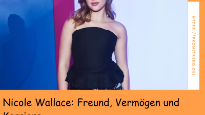 Eine Frau in einem schwarzen schulterfreien Kleid steht vor einem farbigen Hintergrund. Der Text auf dem Bild lautet: "Nicole Wallace: Freund, Vermögen und Karriere".