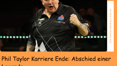 Ein Dartspieler in einem schwarzen Trikot mit Sponsorenlogos hebt die Faust in einer Siegesgeste. Der Text auf dem Bild lautet: "Phil Taylor Karriere Ende: Abschied einer Legende".