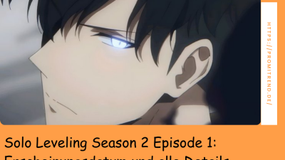 Ein Anime-Charakter mit schwarzen Haaren und leuchtenden Augen, mit dem Text "Solo Leveling Season 2 Episode 1: Erscheinungsdatum und alle Details".