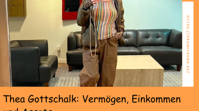 Person in modischer Kleidung macht ein Selfie in einem Raum mit schwarzen Ledersofas und einem Tisch. Text: "Thea Gottschalk: Vermögen, Einkommen und Assets".