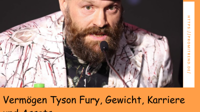 Ein Mann mit einem Hut und einem Bart trägt ein auffälliges Jackett mit Rosenmuster. Der Text auf dem Bild lautet: "Vermögen Tyson Fury, Gewicht, Karriere und Assets".