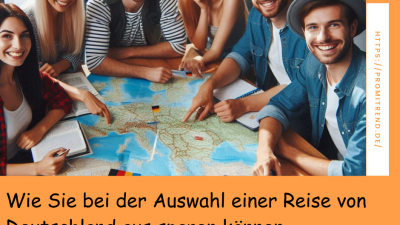 Eine Gruppe von sechs Personen sitzt um einen Tisch mit einer großen Weltkarte. Sie planen eine Reise und diskutieren darüber. Auf dem Tisch liegen Bücher und Notizbücher. Der Text auf dem Bild lautet: "Wie Sie bei der Auswahl einer Reise von Deutschland aus sparen können".