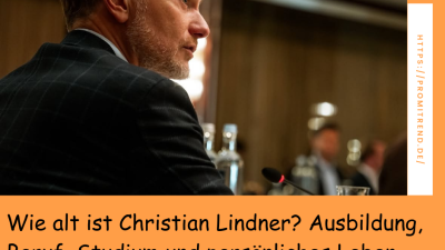 Ein Mann in einem Anzug sitzt mit dem Rücken zur Kamera in einem Konferenzraum. Der Text auf dem Bild fragt nach dem Alter, der Ausbildung, dem Beruf, dem Studium und dem persönlichen Leben von Christian Lindner.