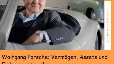 Ein Mann sitzt in einem Oldtimer-Auto, im Hintergrund steht ein weiteres klassisches Auto. Der Text auf dem Bild lautet: "Wolfgang Porsche: Vermögen, Assets und Einkommensquellen".