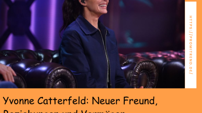 Eine Person sitzt auf einem Ledersofa vor einem lila Hintergrund. Rechts im Bild ist ein orangefarbener Streifen mit der URL "https://promitrend.de/". Unten im Bild steht der Text: "Yvonne Catterfeld: Neuer Freund, Beziehungen und Vermögen".